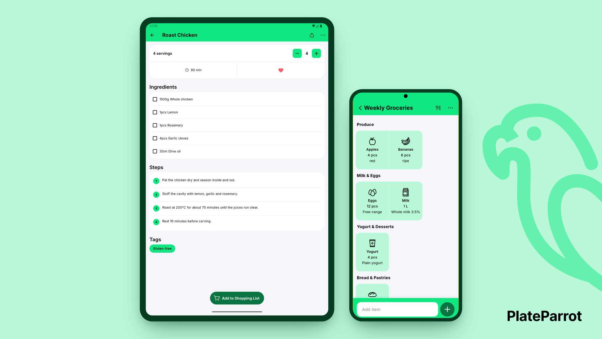 PlateParrot auf Android: ein Rezept auf dem Tablet und die Einkaufsliste auf dem Smartphone