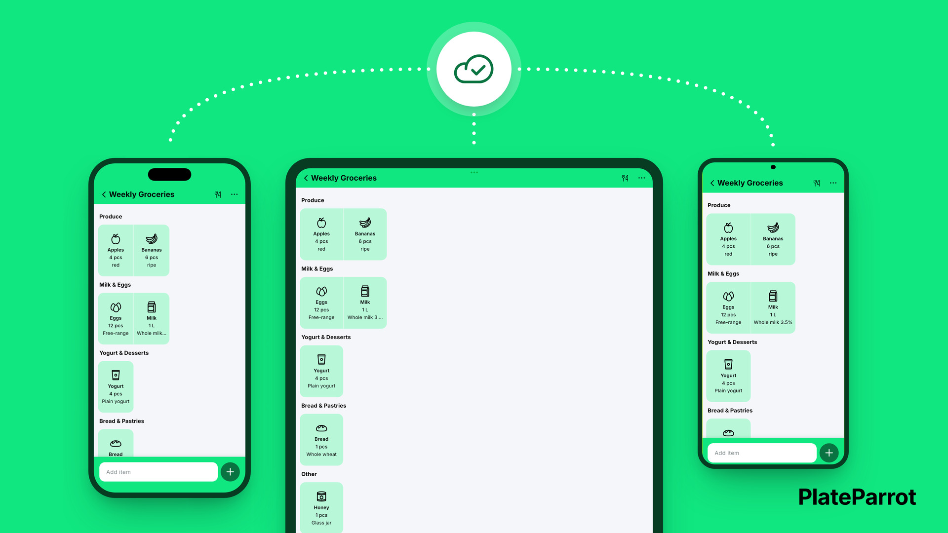 Dieselbe PlateParrot-Einkaufsliste auf iPhone, iPad und einem Android-Smartphone, über die Cloud auf demselben Stand
