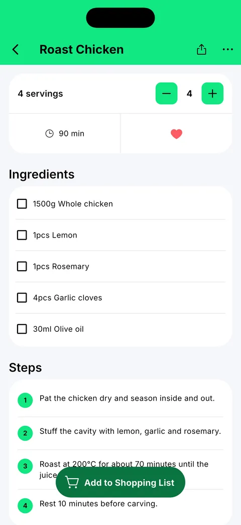 Rezept mit Portionen, Zutaten und Schritten