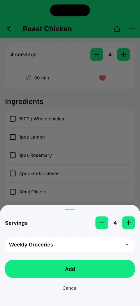 Ein Rezept mit vier Portionen kommt auf die Einkaufsliste