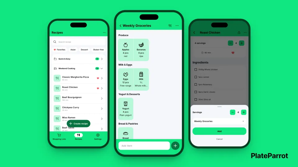 PlateParrot on iPhone: recipes, the shopping list and adding a recipe